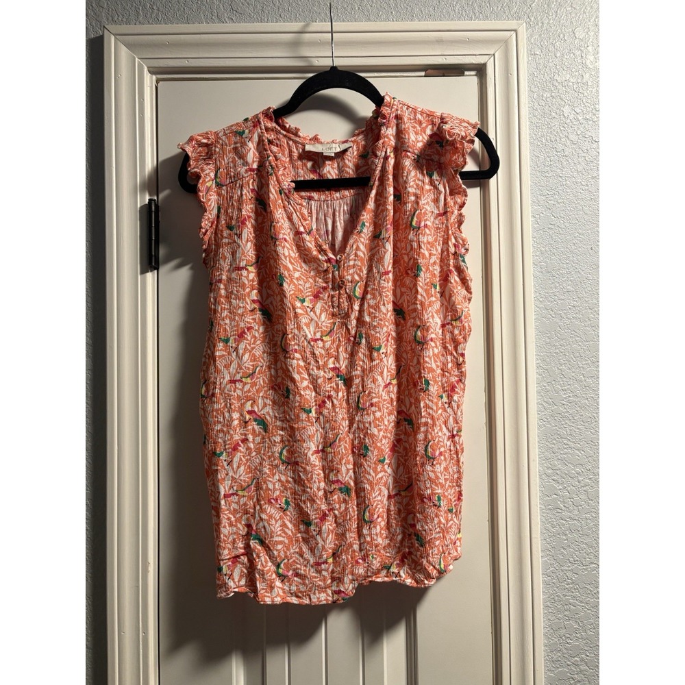 LOFT Blouse Womens Medium Orange Tropical Bird Floral Ruffle Flutter Sleeve Top
